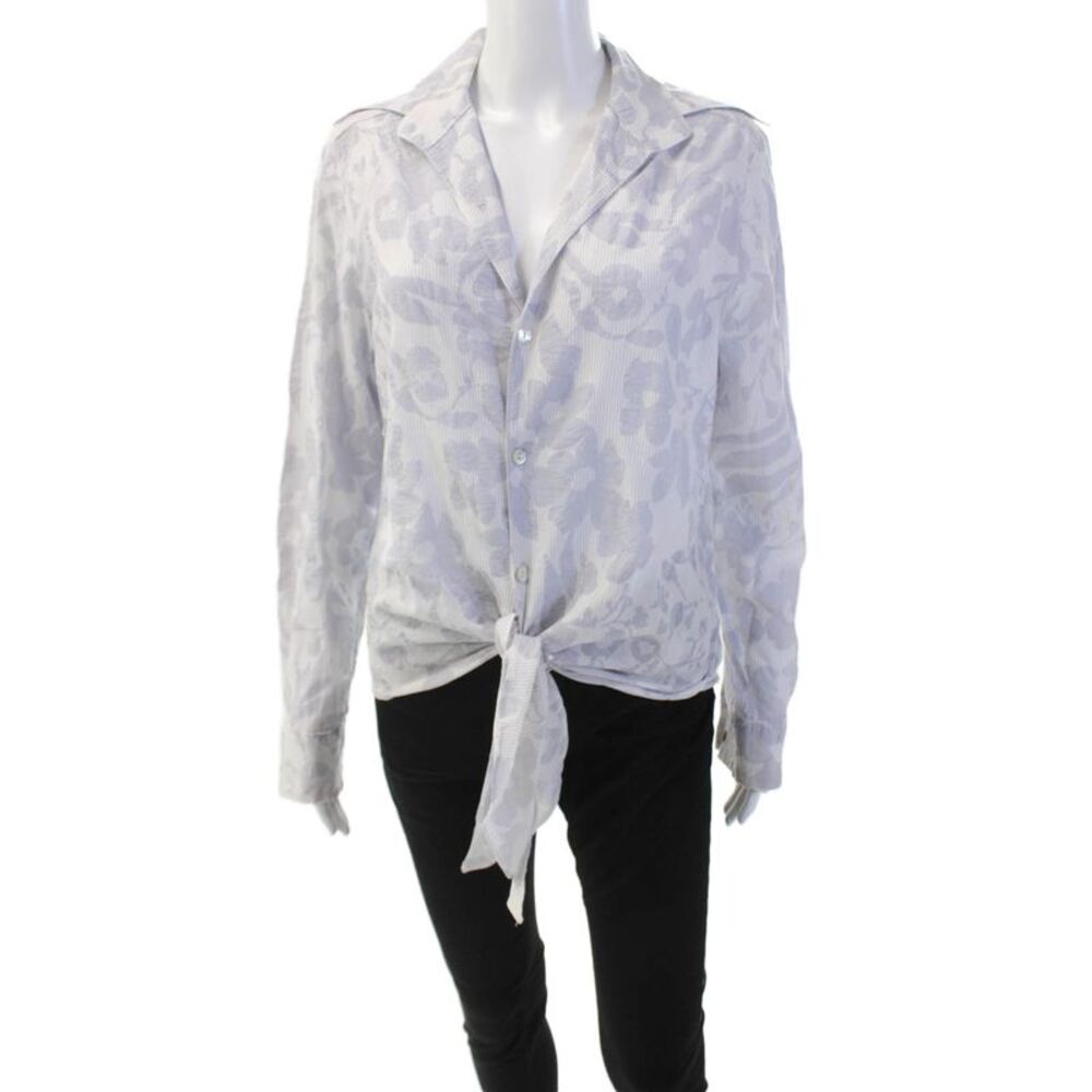 Farinaz Taghavi Womens Floral Print Button Down Shirt Blue Cotton Size 10